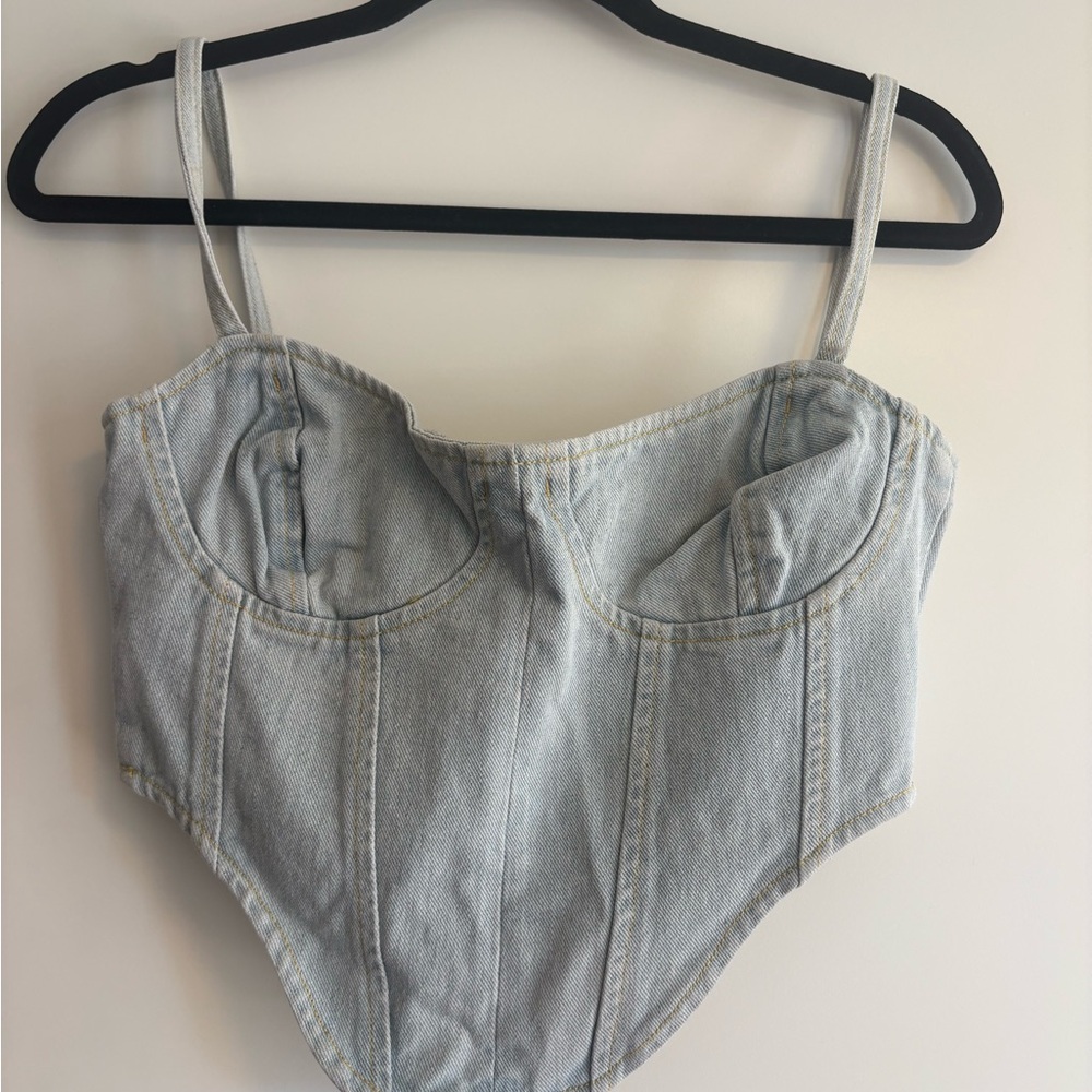PrettyLittleThing Light Wash Denim Corset Crop Top